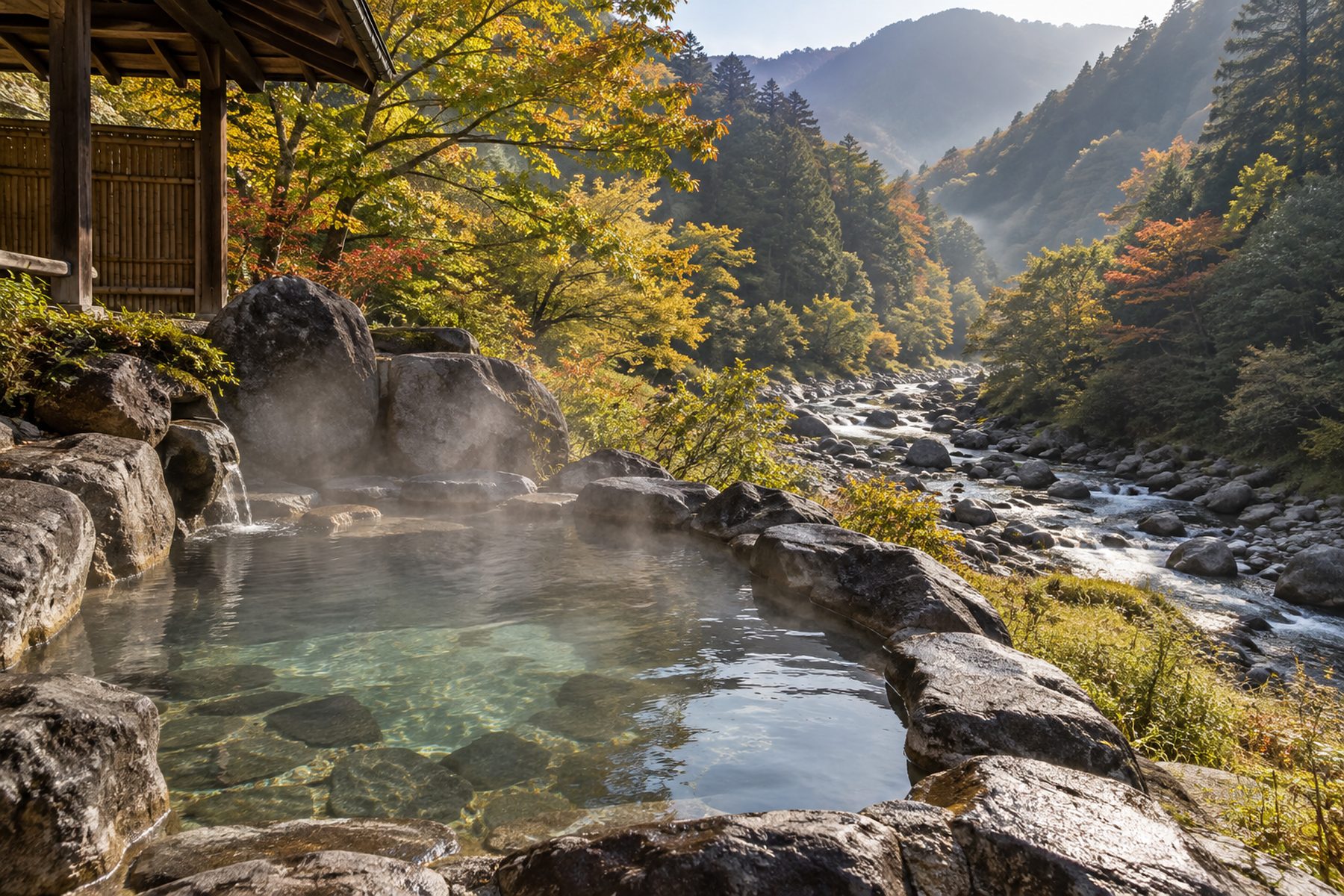 川を見下ろす岩組みの露天風呂。湯気が立ち、奥に紅葉しかけた木と山がある