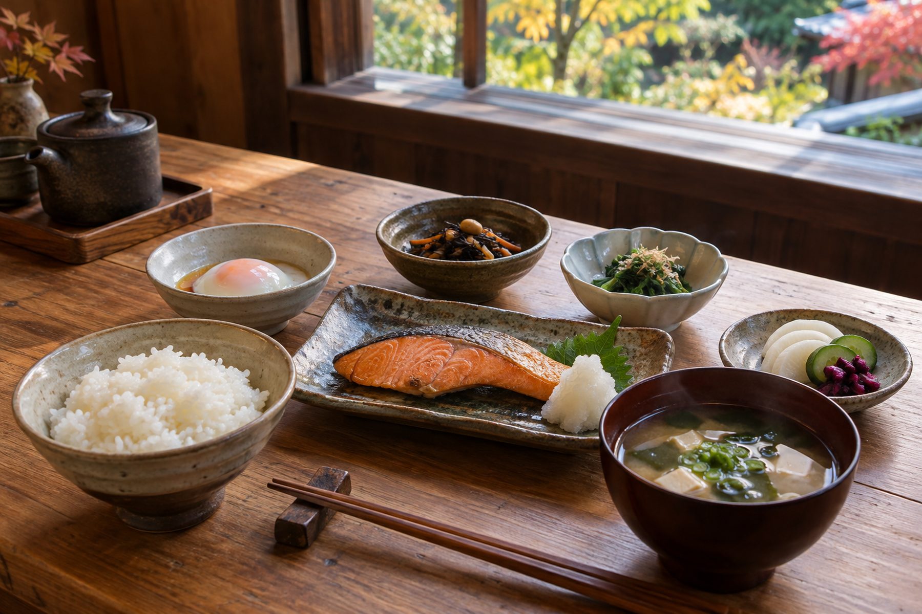 木のテーブルの朝食。白いご飯、味噌汁、焼き鮭、温泉卵、ひじきの煮物、青菜のおひたし、漬物