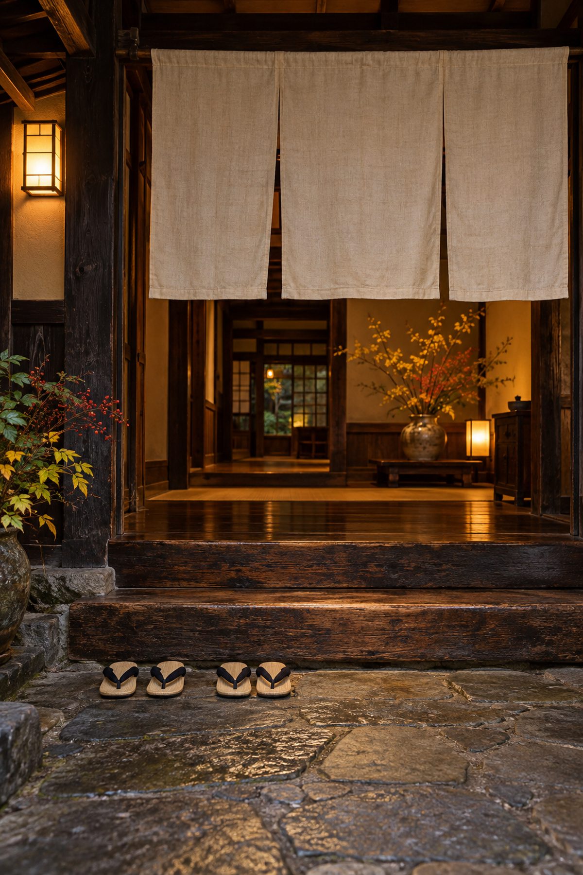 旅館の玄関。石の土間と木の上がり框の前に草履が並び、無地の生成りののれんの奥に生け花が見える