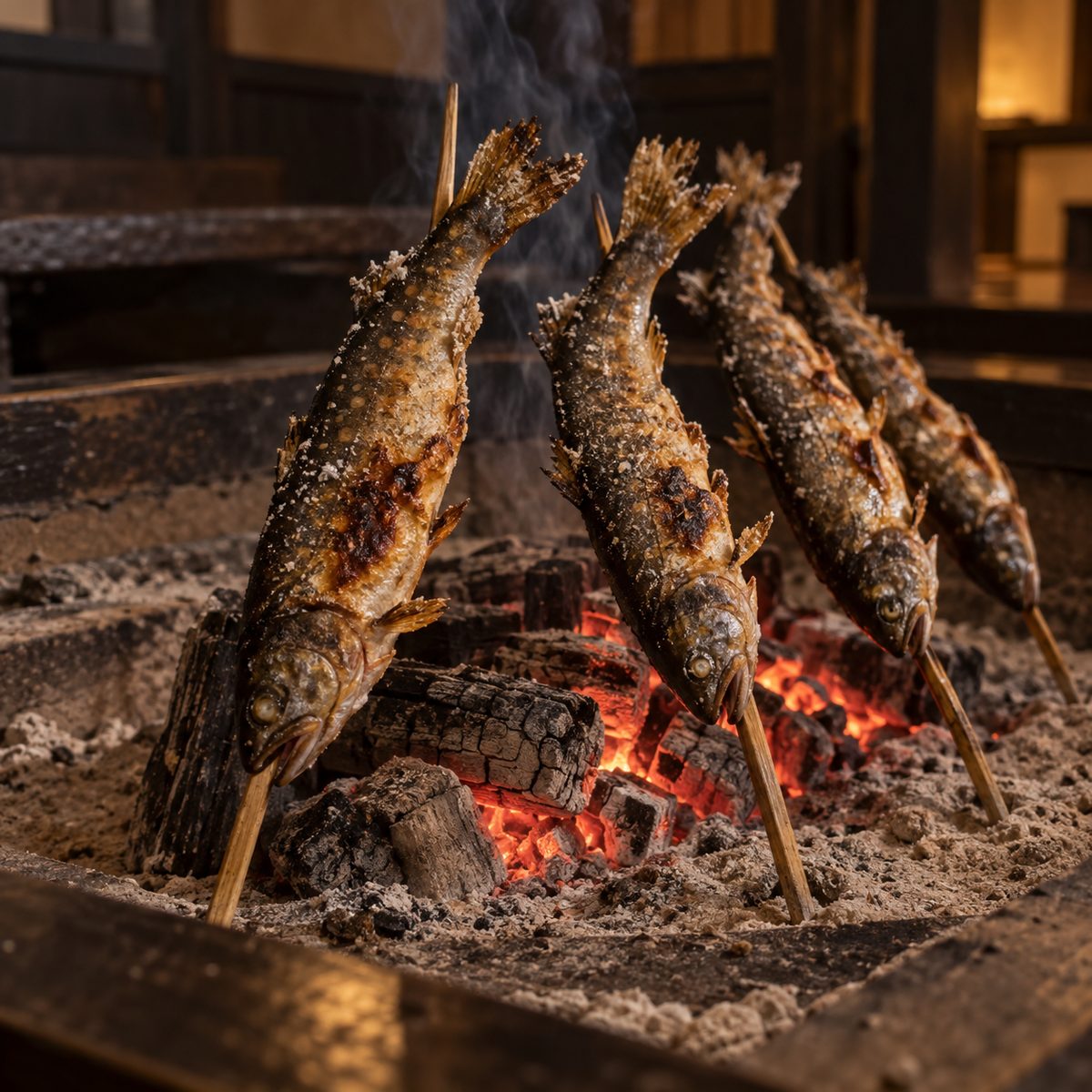 囲炉裏の灰に串を刺して、炭火で焼いている岩魚が4本