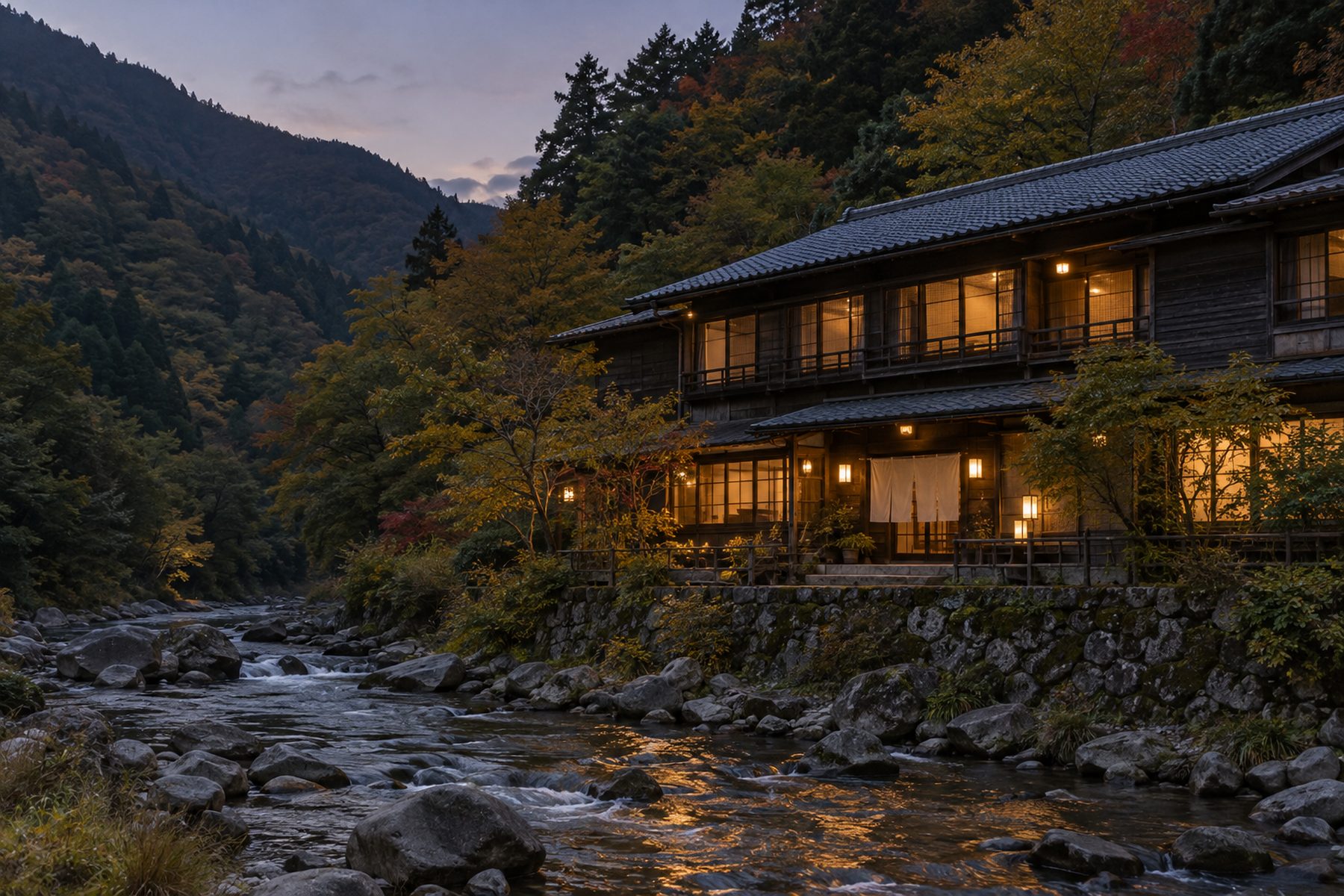 夕暮れの川沿いに建つ木造二階建ての宿。窓と軒下に灯りがともり、手前を浅い川が流れている