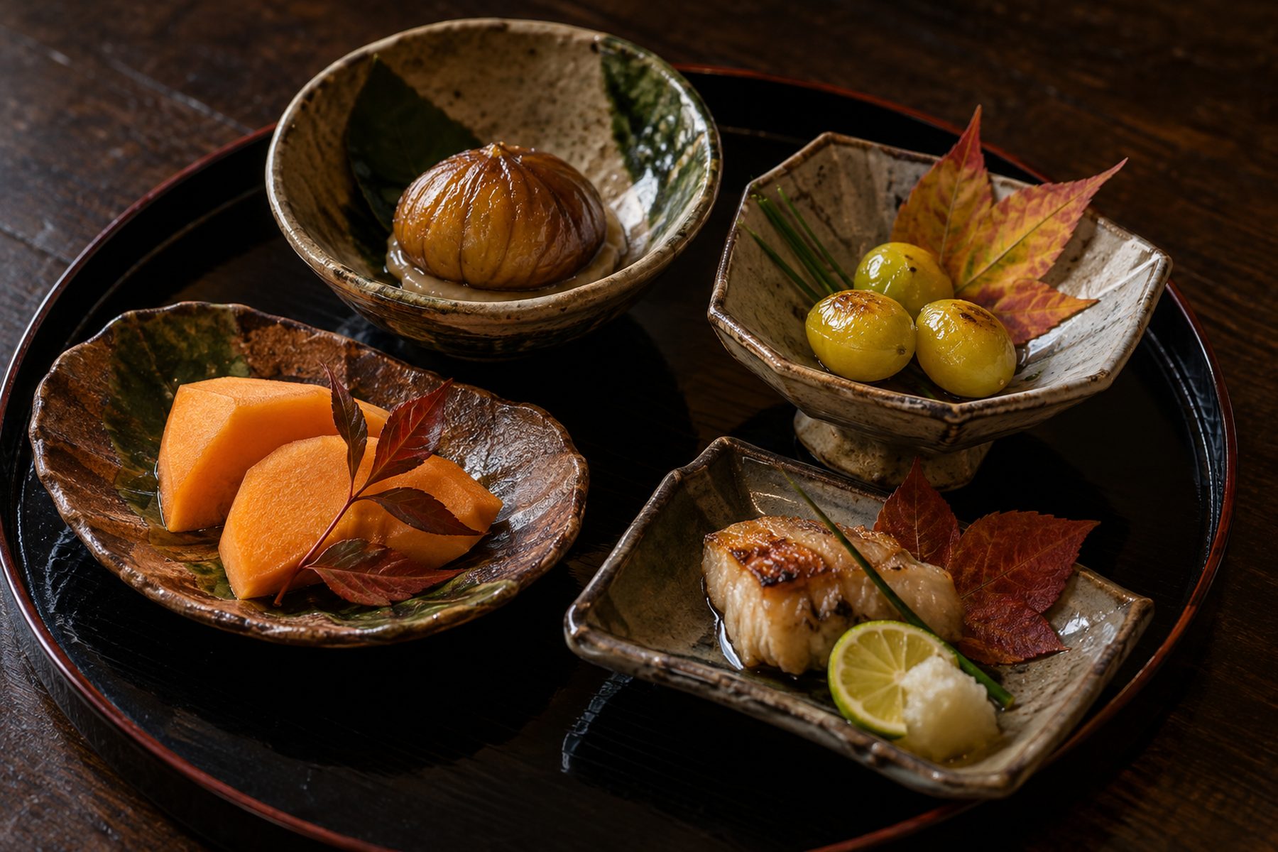 黒い漆の盆に、栗の渋皮煮、焼き銀杏、柿、魚の焼き物を小さな器に盛った八寸