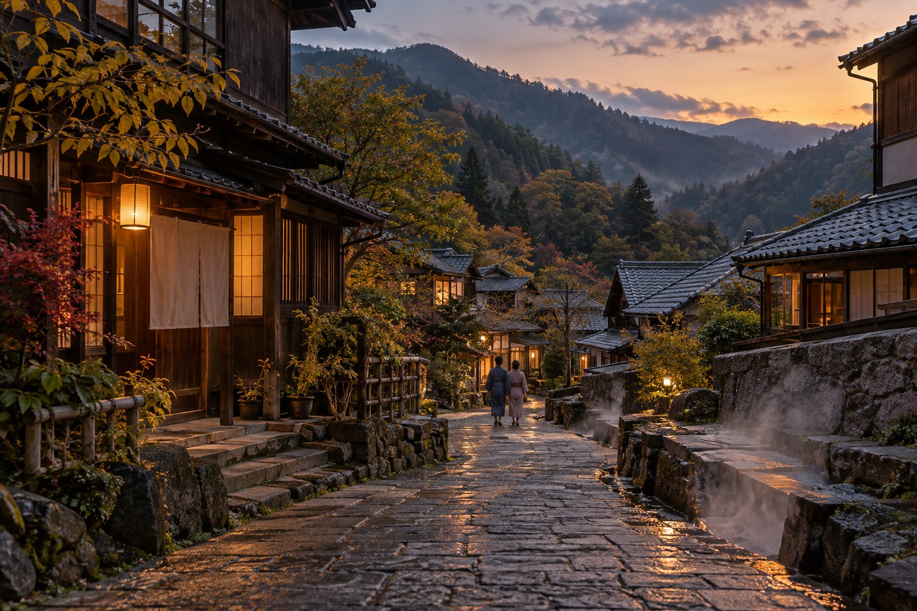 夕暮れの温泉街の石畳の坂道。木造の家並みが続き、側溝から湯けむりが上がる。遠くに浴衣姿の2人の後ろ姿